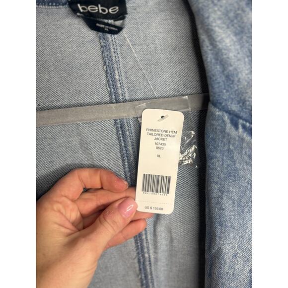 Bebe Rhinestone Hem Cropped Denim Jacket Size XL NEW MSRP $159 - Picture 4 of 7